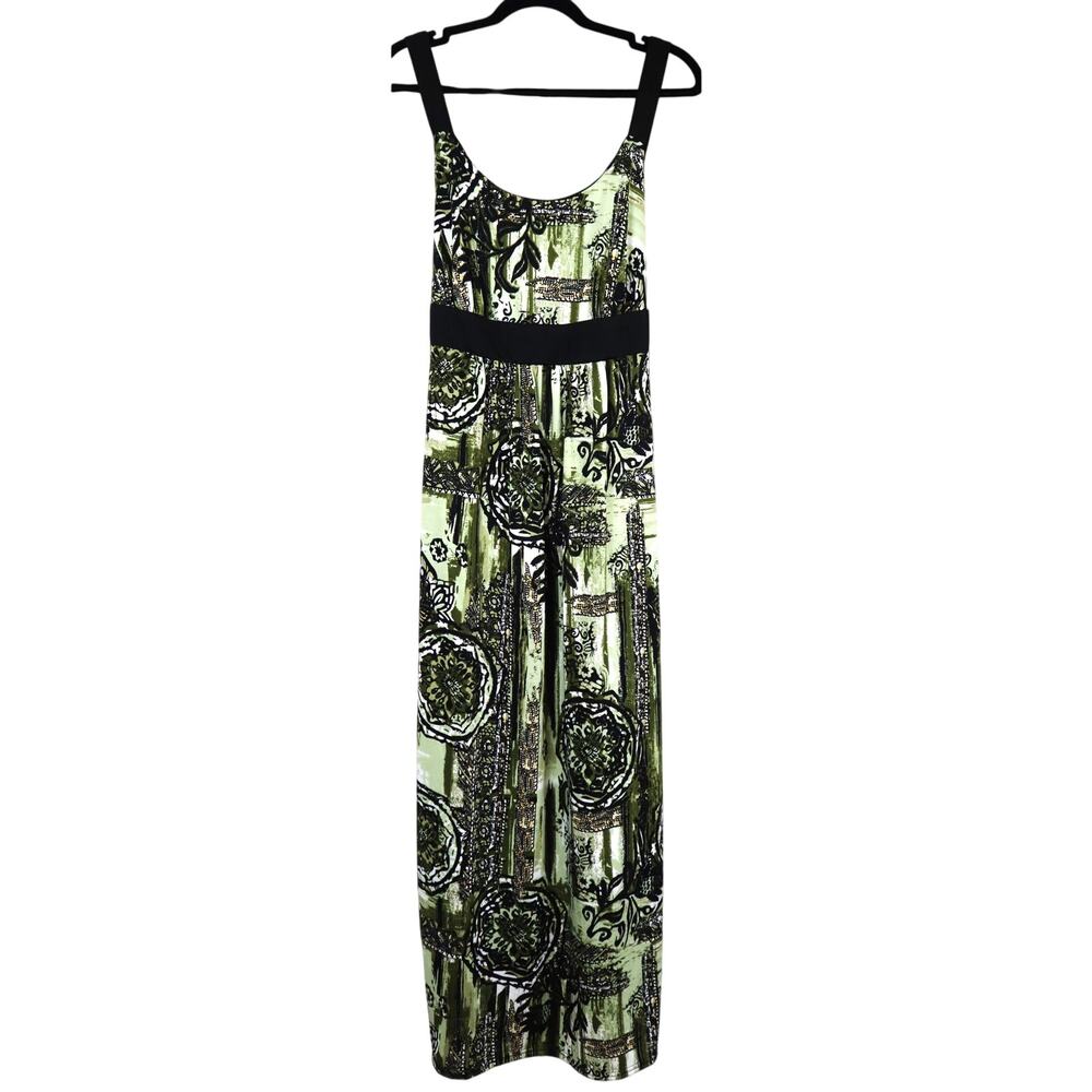 KSL Green Paisley Boho Maxi Dress Bow Tie Back Smocked Back Long Plus 14W